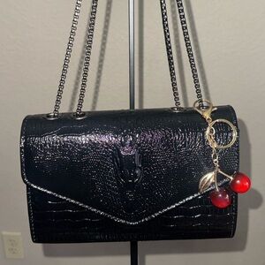 Black Serpentine-Embossed Shoulder Bag with Chain Strap